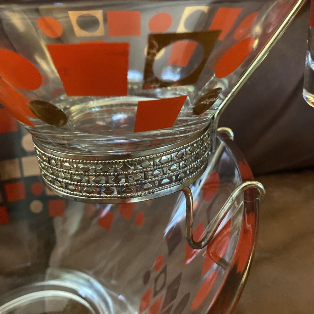 Vintage MCM Glass Shrimp Chip Dip Bowl Retro 50s Entertaining Atomic Red Gold - Picture 5 of 6